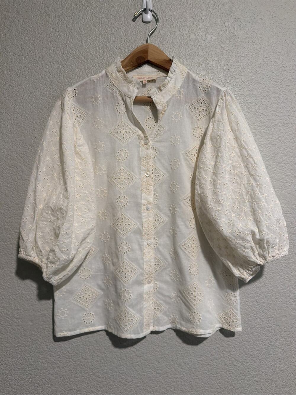 NEW Solitaire Peasant Top Boho Embroidered Eyelet Ivory European Luxury Romantic
